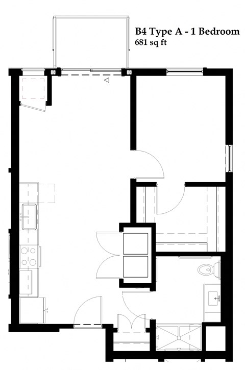 Floor plan for 1 bed, 1 bath, 681 sqft